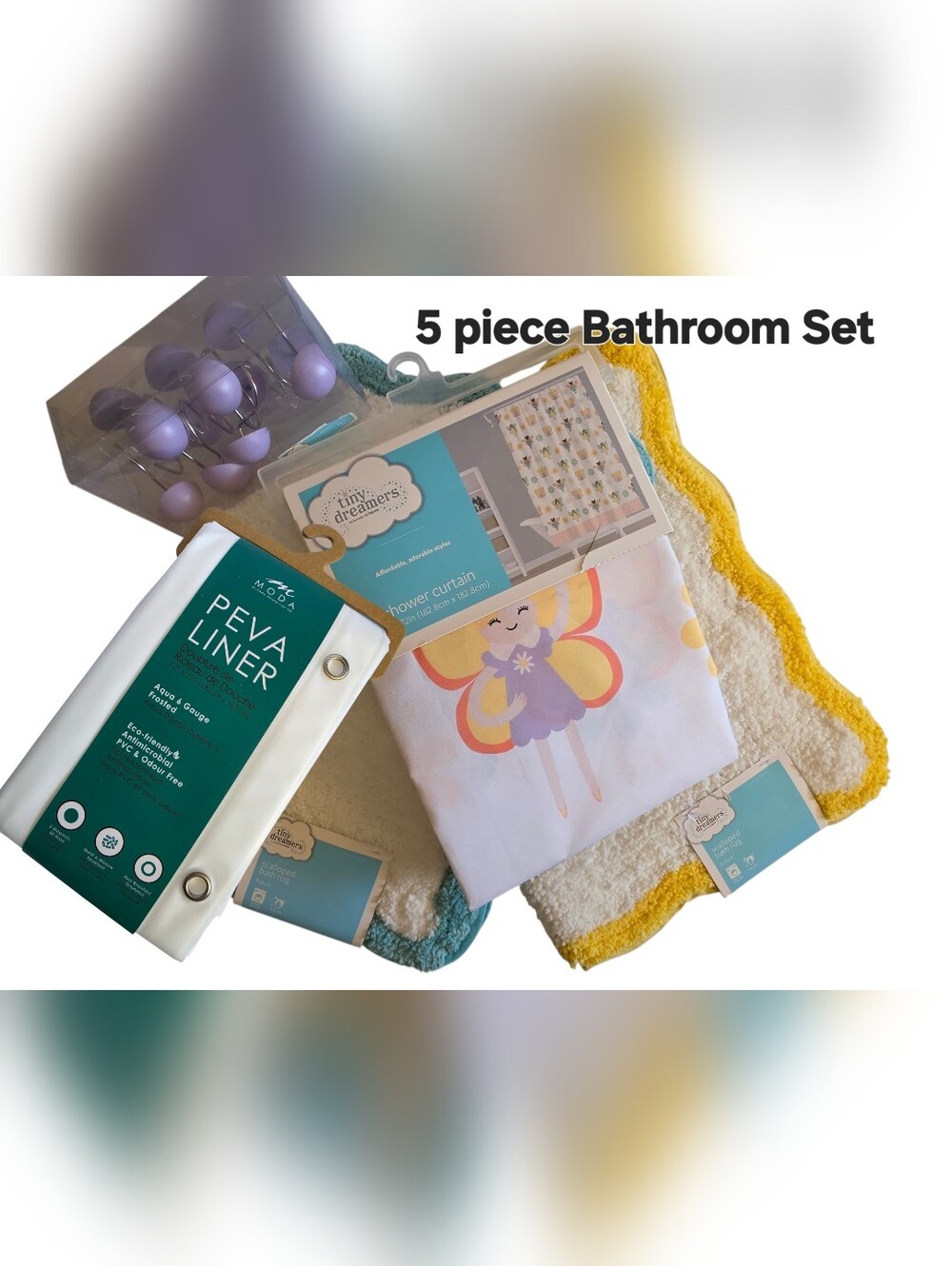 5 Piece Bathroom Set Fairy Shower Curtain + Liner, Shower Hooks, 2 Rugs